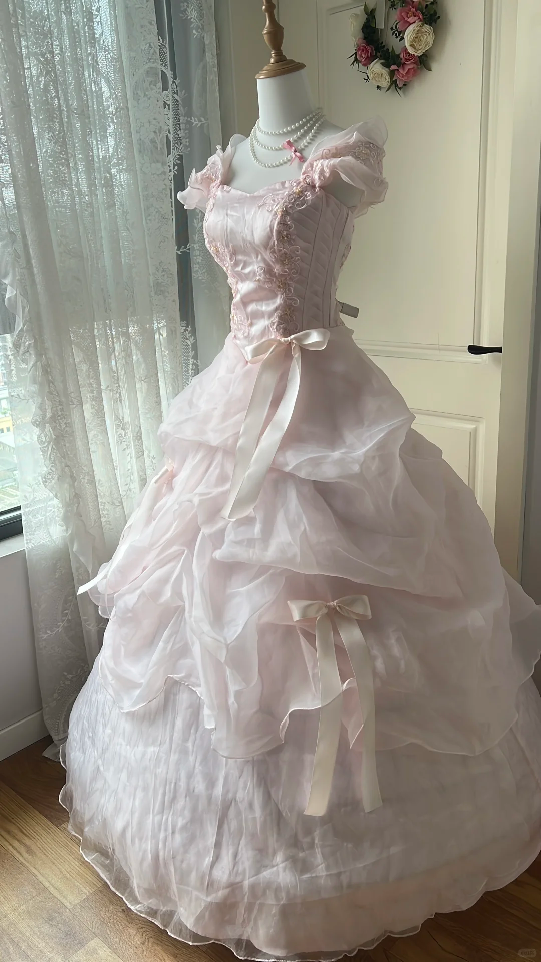 Glamorous Pink Off-the-Shoulder Lace Embroidered Bow Tiered Organza Ball Gown TP5830
