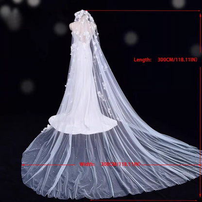 Vintage White Floral Embroidered Bridal Veil 3D Flower Beaded Cathedral-Length Wedding Veil TP5622