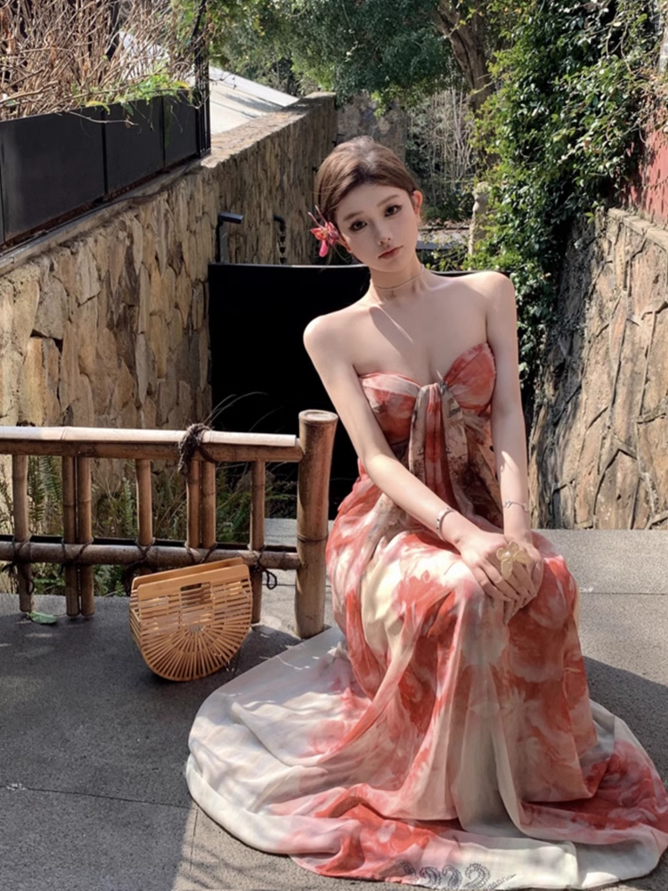 New Simple Fashion Floral Design A-Line Beach Holiday Strapless Dress TP3032