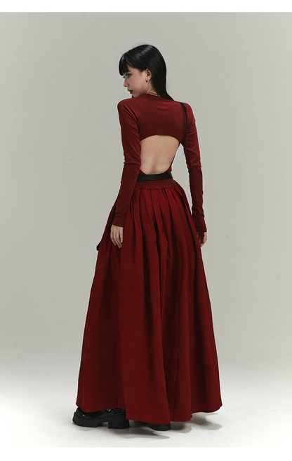Vintage Elegant Simple Backless Red Long-sleeved Dress TP2917