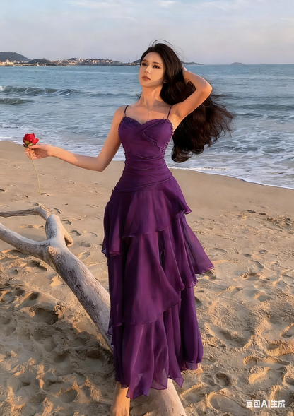 Vintage Sweetheart A-Line Evening Gown Spaghetti Strap Chiffon Tiered Prom Dress TP5144