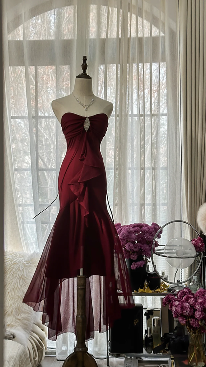 Elegant Burgundy Strapless Gorgeous Beaded Chiffon Evening Dress Prom Dress TP3974