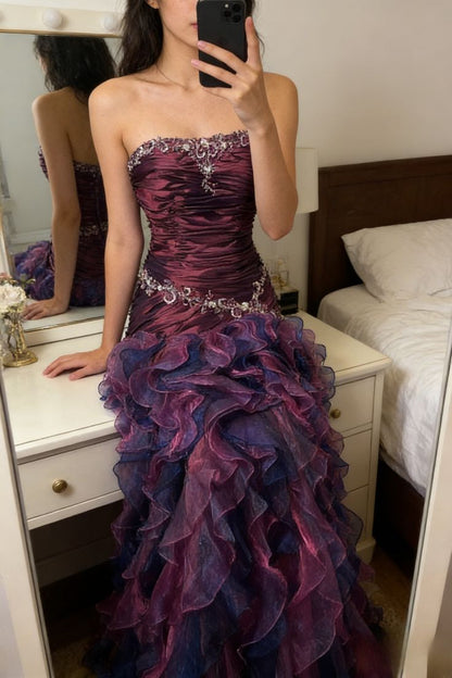 Glamorous Purple Ombre Strapless Ruffled Beaded Sweet 16 Quinceanera Ball Gown TP5569