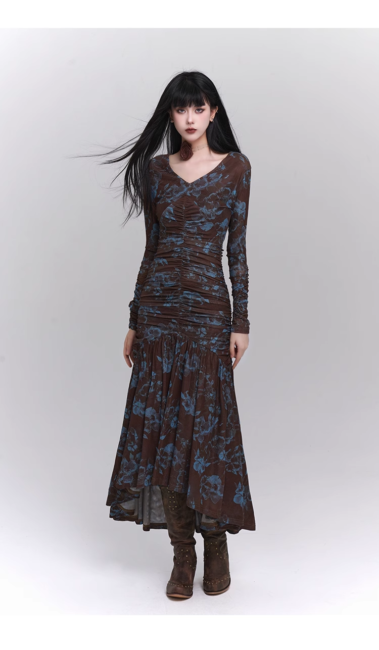 New Fashion Design Floral Pattern Women Long-sleeved Dress TP2946