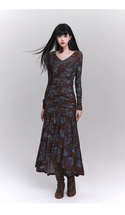 New Fashion Design Floral Pattern Women Long-sleeved Dress TP2946