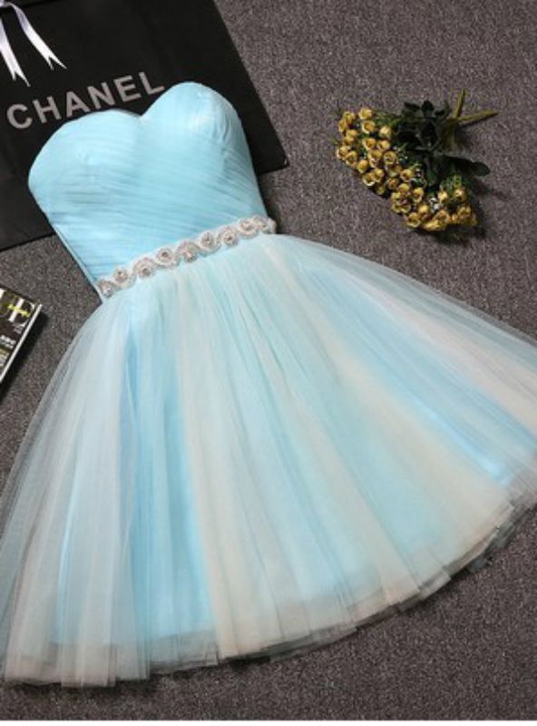 Vintage Light Blue Strapless Sweetheart Tulle A-Line Homecoming Dress TP5884