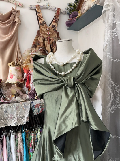 Vintage Green Satin Shawl Design Elegant A-line Long Evening Dress Prom Dresses TP4204
