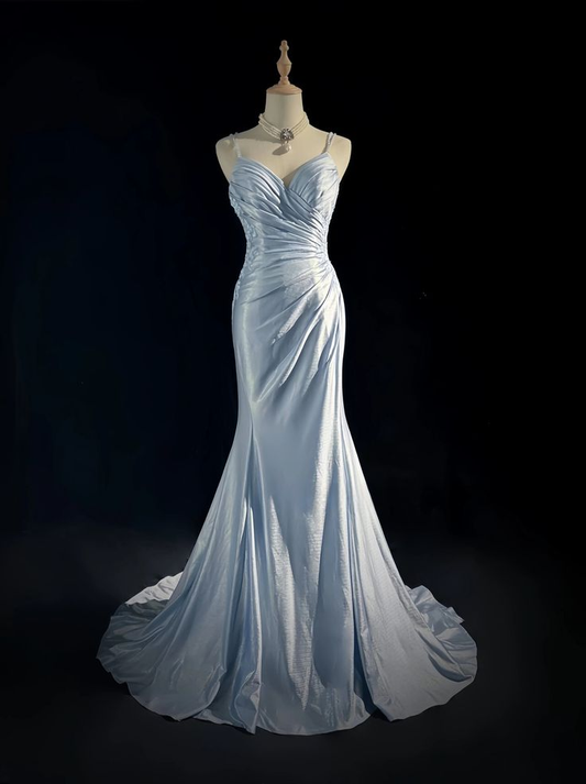 Glamorous Light Blue Embroidery Beaded Prom Dress Mermaid Sweetheart Spaghetti Strap Evening Gown TP5167