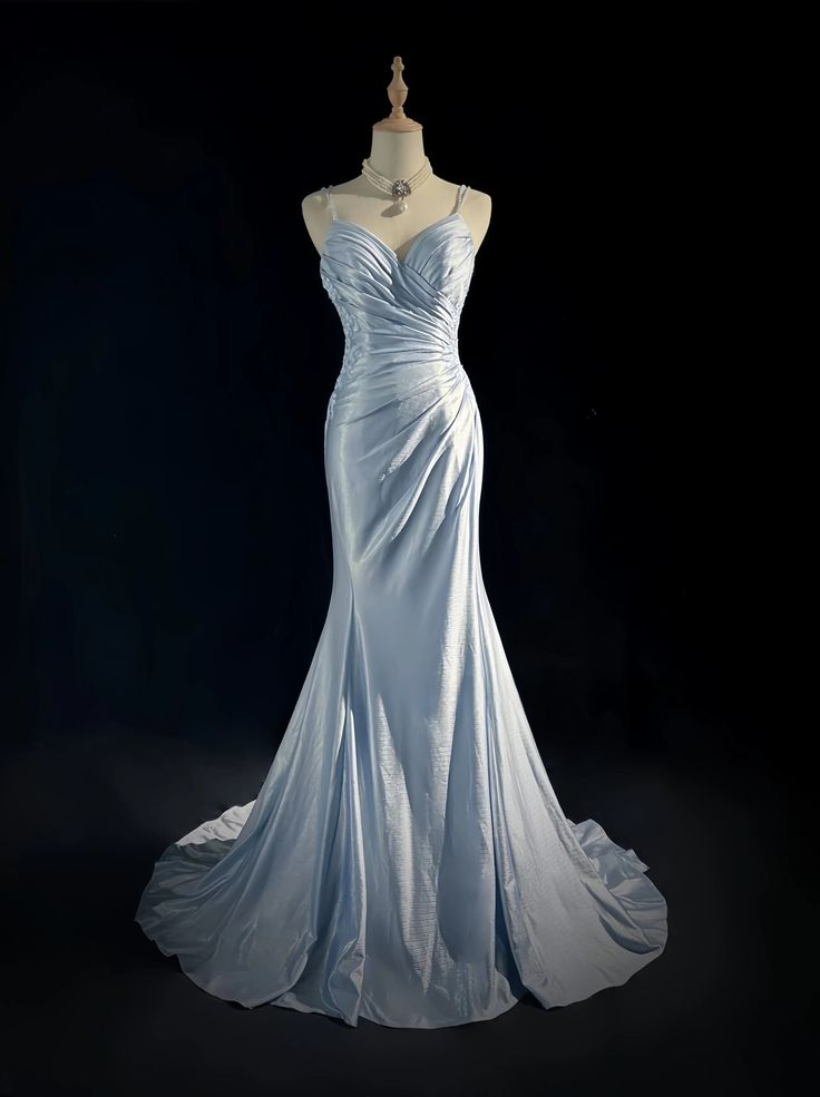 Glamorous Light Blue Embroidery Beaded Prom Dress Mermaid Sweetheart Spaghetti Strap Evening Gown TP5205