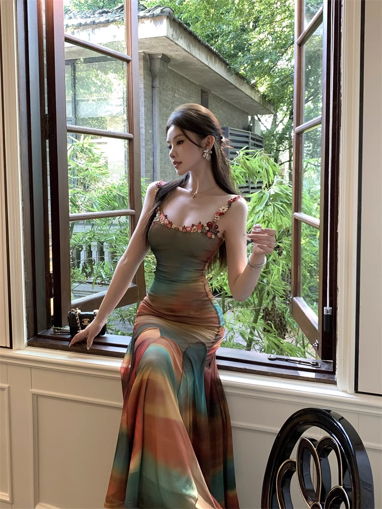 New Fashion Elegant Colorful Design Mermaid Spaghetti Strap Dress TP3004