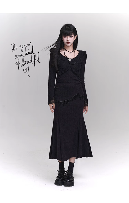 Elegant Fashion Tassels Lace Cuff Design Long-sleeved Dress TP2947