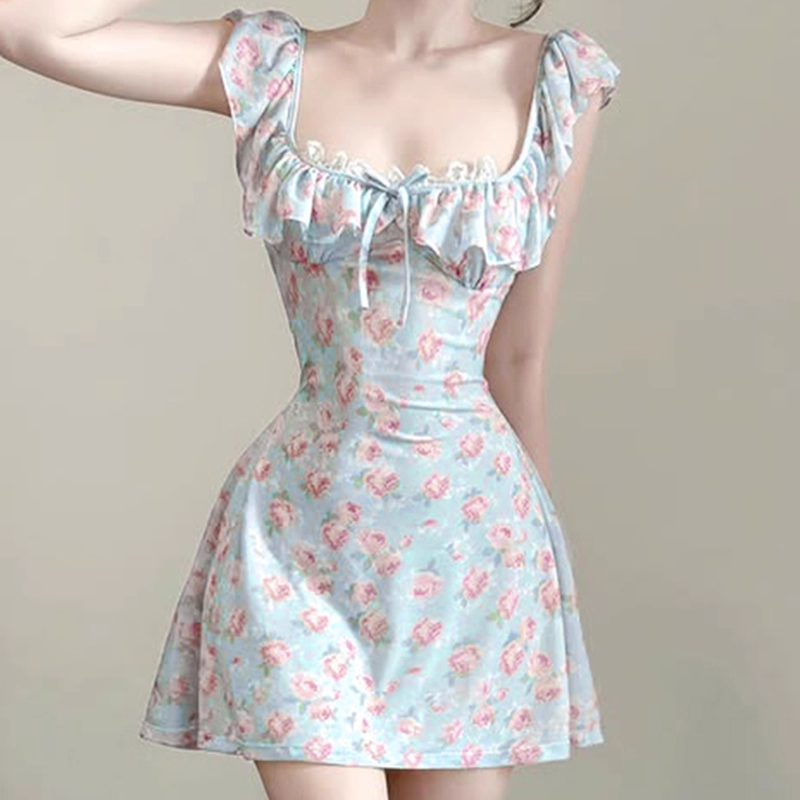 Cute Light Blue Floral Square-neck A-Line Short Summer Dresses Party Dress Homecoming Dress TP4341