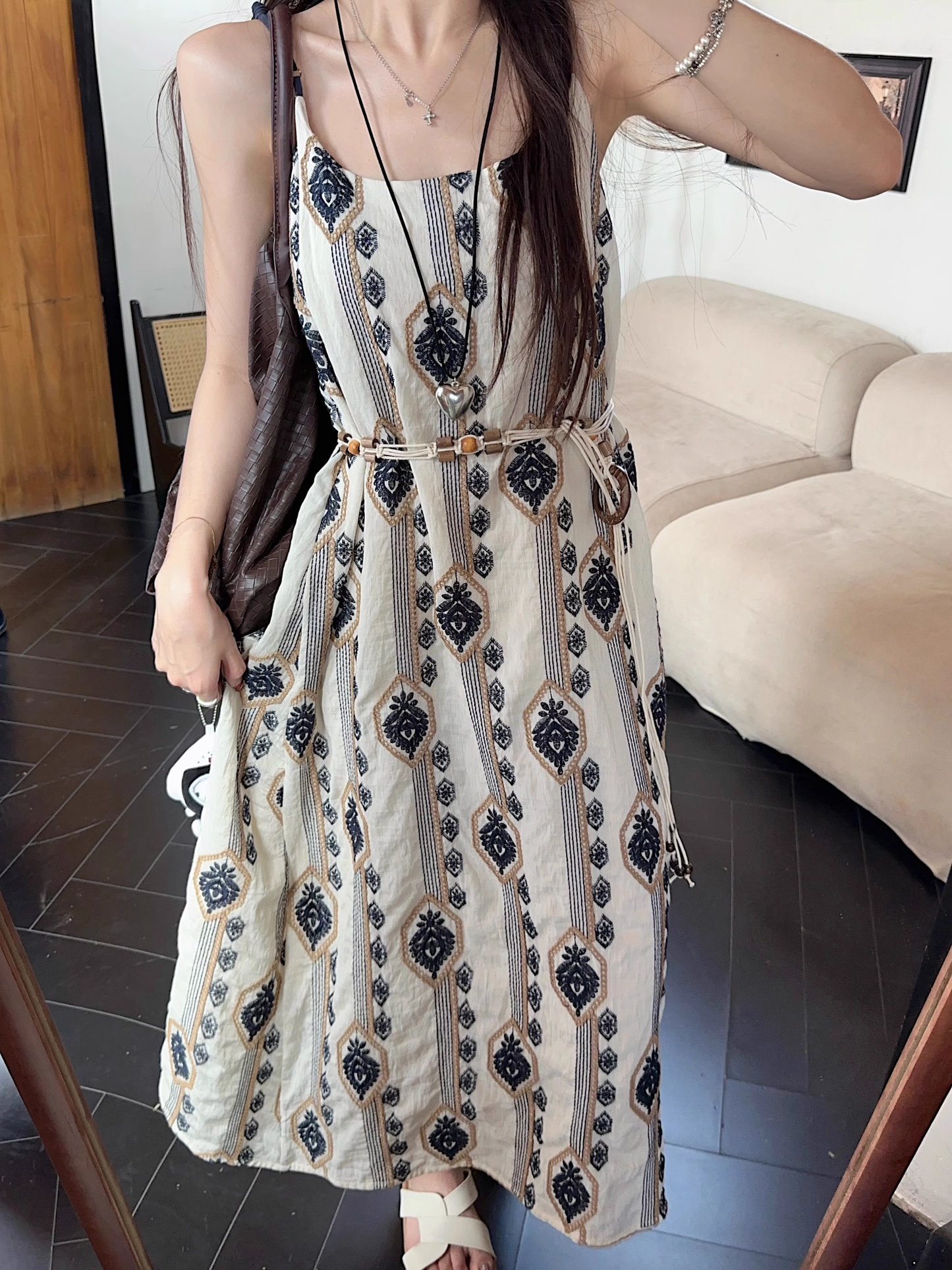 New Fashion Floral Loose-fitting Design Beach Holiday A-line Spaghetti Strap Dress TP3374