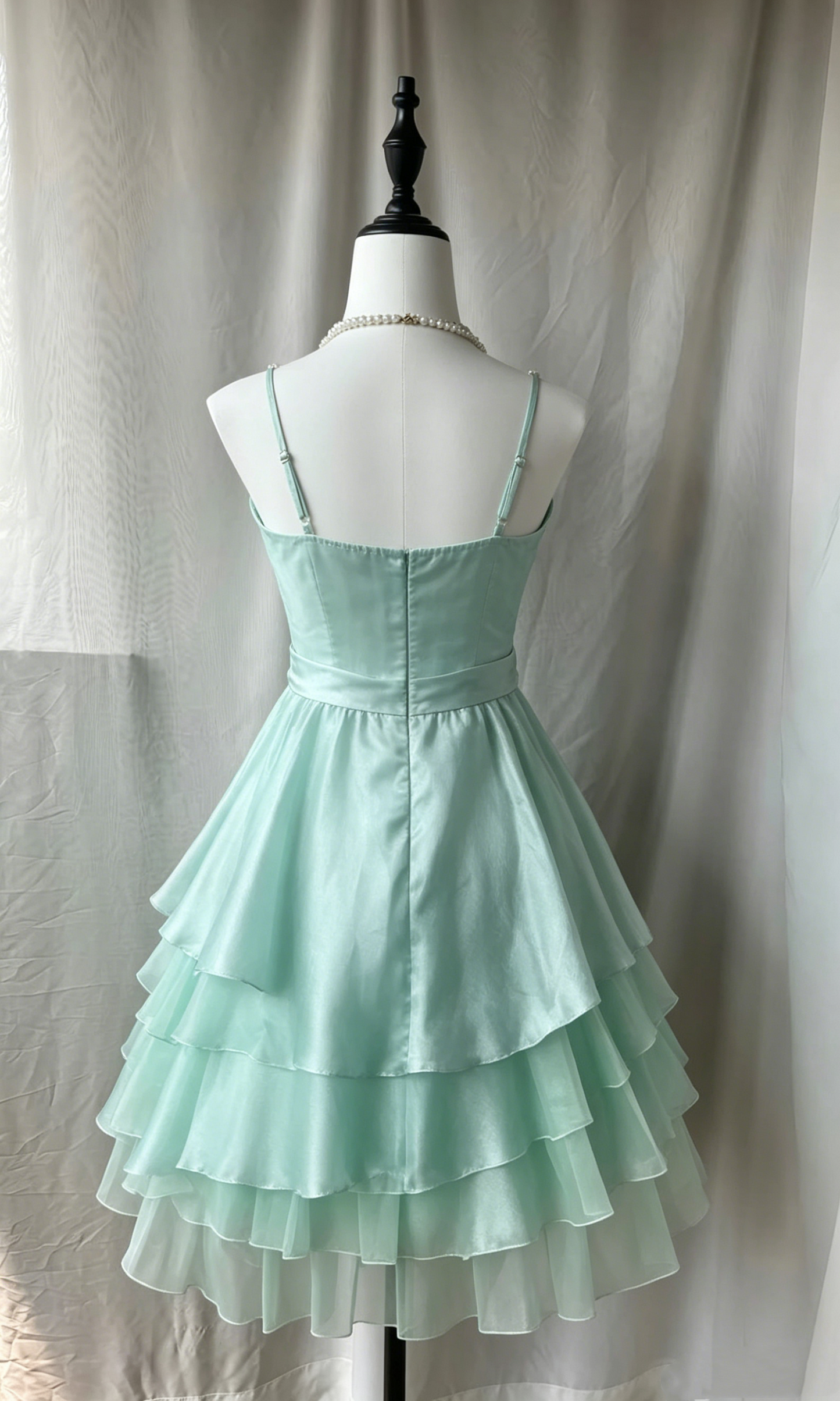 Cute Mint Green Satin Spaghetti Strap Short Tiered Ruffle A-Line Homecoming Dress TP5891