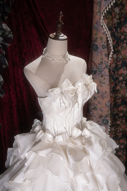 Vintage Strapless Ivory Ruffled Wedding Dress Satin Tulle Bridal Gown TP5790