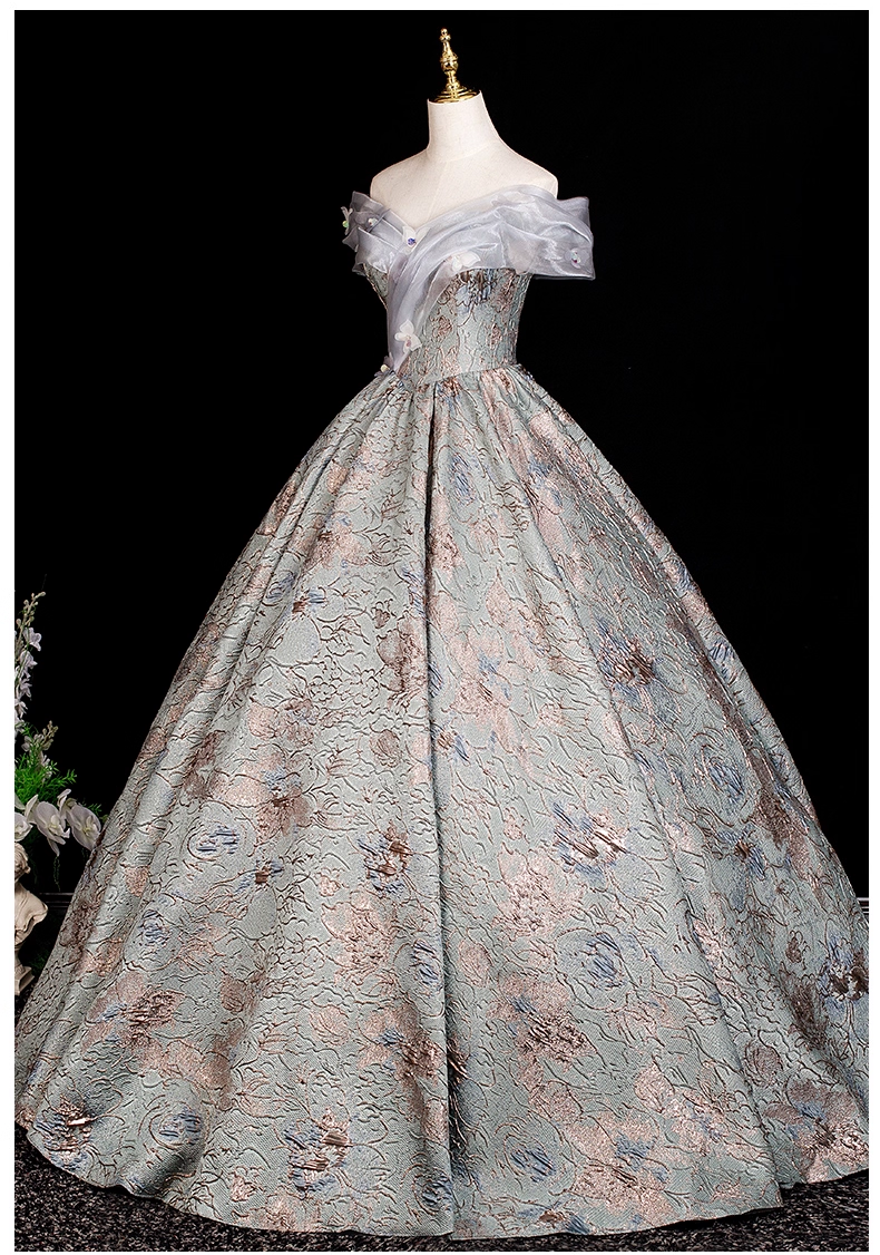 Glamorous Sage Green Floral Brocade Off-Shoulder Sweet 15 Quinceanera Ball Gown TP5503