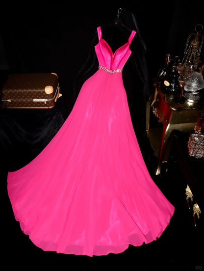 Elegant Vibrant Hot Pink Chiffon Plunging V-Neck A-Line Beaded Evening Gown TP5369