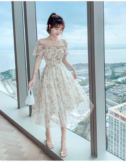 Simple Fashion Floral Short Sleeves Design Chiffon Women Dress TP3053