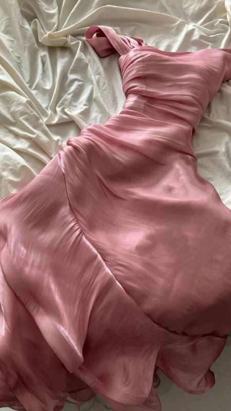 Pink Asymmetric Ruched Mermaid Evening Dress – Satin Ruffled Formal Gown TP5072
