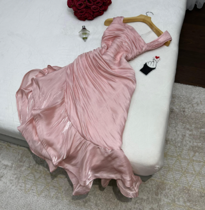 Pink Asymmetric Ruched Mermaid Evening Dress – Satin Ruffled Formal Gown TP5072