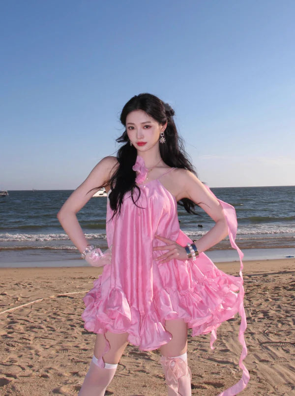 Cute Pink Ruffle Short A-Line Satin Party Dress Cocktail Dress Homecoming Dress TP4429