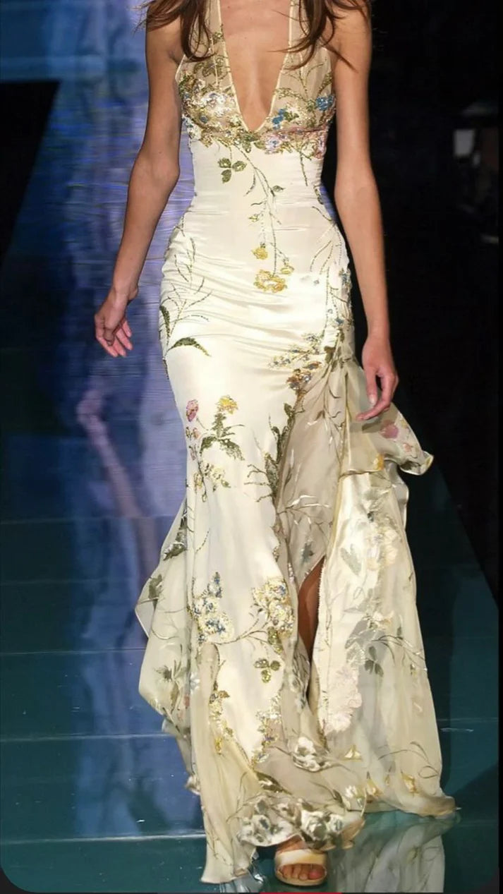 Vintage Floral Sheath Prom Dress Long Halter-neck Evening Dress Chiffon High Slit Formal Dress TP4576