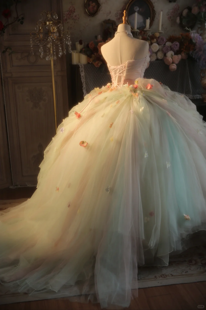 Vintage StraplessTulle Formal 3D Flower Sweet 15 Quinceanera Ball Gown TP5526