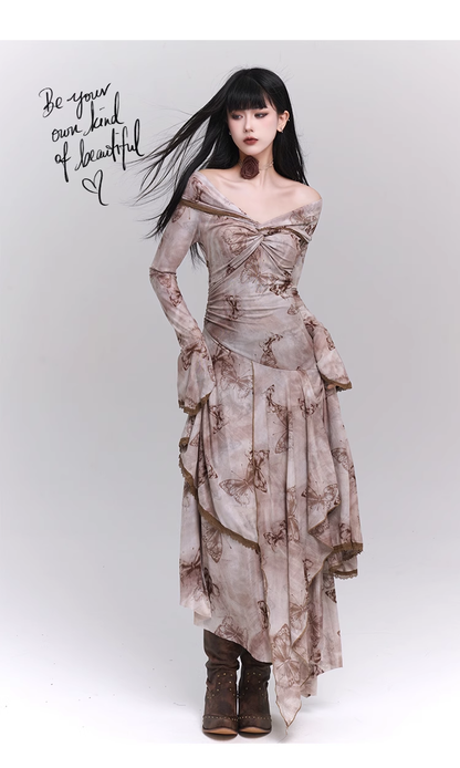 Fashion Butterfly Pattern Gothic Style Bell Sleeve Design Long-sleeved Dress TP2933