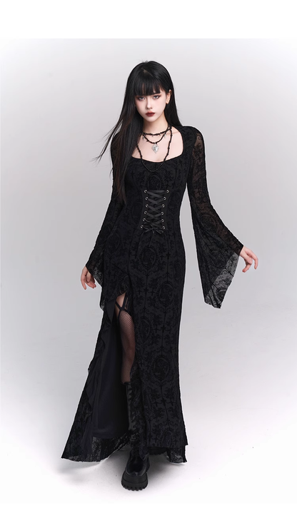 New Gothic Style Fashion Bell Sleeve Design Sense Long-sleeved Split Dress TP2931