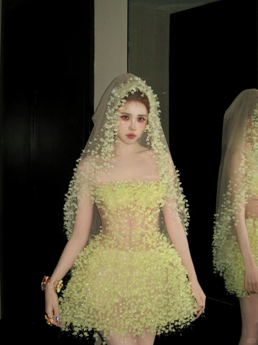 Fashion Yellow Sequined Strapless A-Line Veil Design Tulle Party Dress Homecoming Dress TP4237