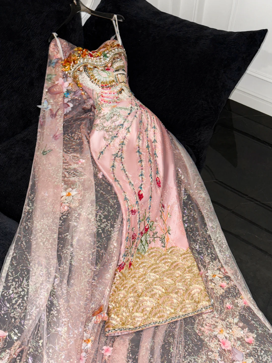 Sparkling Pink Beaded Sequined Design Elegant Mermaid Prom Dress Evening Dress TP4213