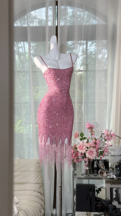 Vintage Pink Sparkling Sequin Spaghetti Strap Tassels Hem Romantic Evening Dress Prom Dresses TP4151