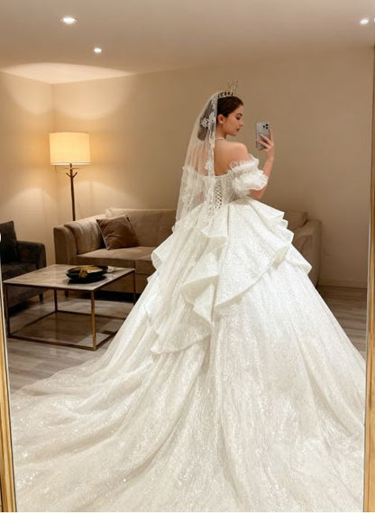 Elegant Off-the-Shoulder Puff Sleeve Sparkling Sequin Lace Ruffled Layered A-Line Wedding Dress TP5956