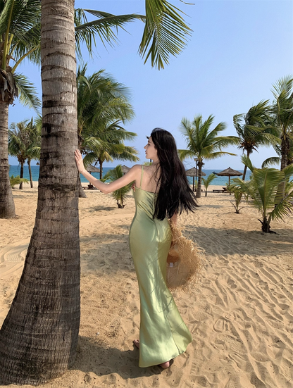 Vintage Green Floral Mermaid Spaghetti Strap Design Satin Prom Dress Evening Dress TP4226