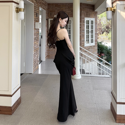 Enchanting Black Sweetheart Spaghetti Strap Pleated Mermaid Prom Dress Evening Dress TP4349