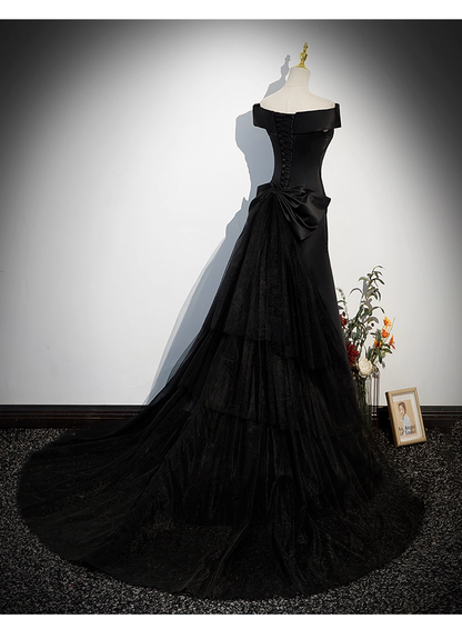 Vintage Black A-Line Evening Gown Satin Off-the-shoulder Party Dress Tulle Dress Hem Formal Dress TP4941