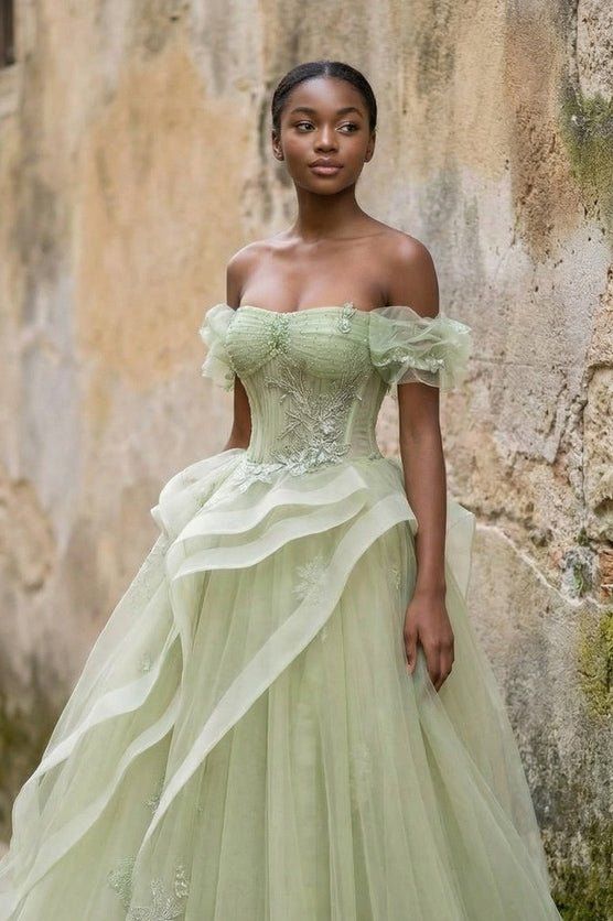 Glamorous Sage Green Off-the-Shoulder Ball Gown with Corset Bodice and Tiered Tulle Skirt TP5759