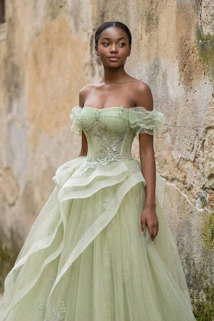 Glamorous Sage Green Off-the-Shoulder Ball Gown with Corset Bodice and Tiered Tulle Skirt TP5759