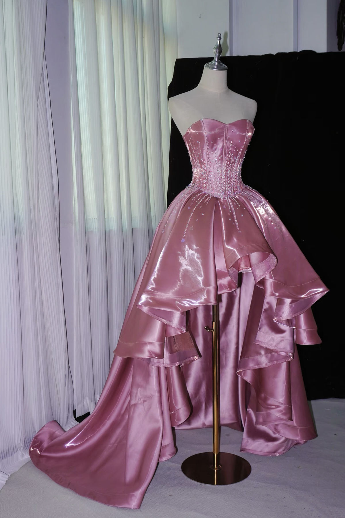 Glamorous Shimmery Dusty Pink Strapless Beaded Bodice Sweetheart Ruffled Satin Prom Dress TP5577