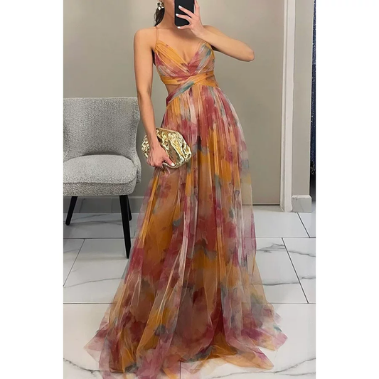 Vintage Watercolor Tulle Spaghetti Strap Prom Dress Formal Long A-Line Evening Gown TP5810