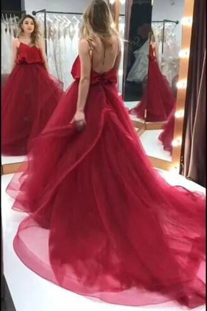 Gorgeous Burgundy Tulle Spaghetti Strap V-Neck A-Line Quinceanera Ball Gown TP5844