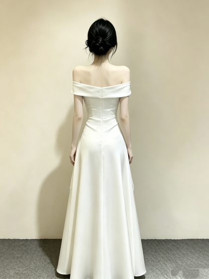 Vintage White Satin Off-the-Shoulder Evening Gown TP6078