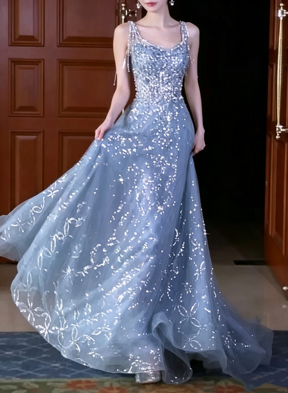 Vintage Dusty Blue Tulle Spaghetti Strap Beaded Floral Sequin Embroidery Floor Length Evening Gown TP6081