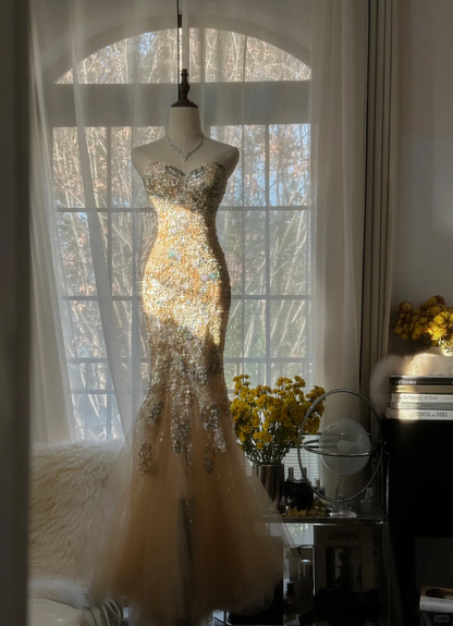 Elegant Mermaid Golden Sparkling Strapless Elegant Beaded Chiffon Evening Dress Prom Dress TP3975