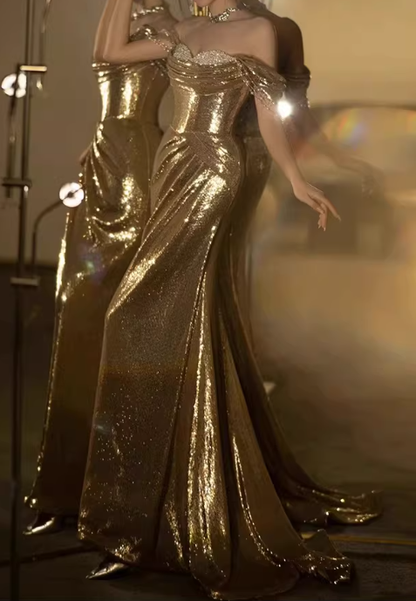 Elegant Gold Sequin Evening Gown Off-the-Shoulder Mermaid Prom Dress TP5663