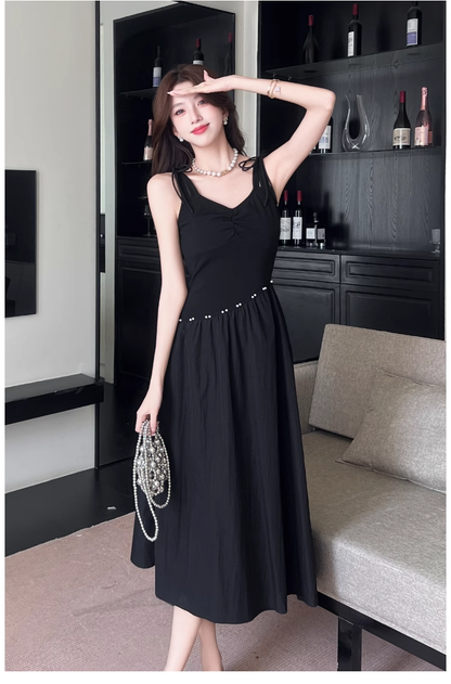 Simple Fashion Black Sleeveless Waist-cinching Design A-line Vest Dress TP3380