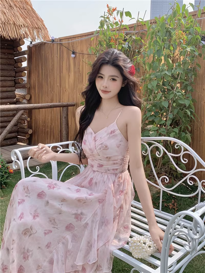 New Fashion Elegant Floral Chiffon Spaghetti Strap Dress TP2991