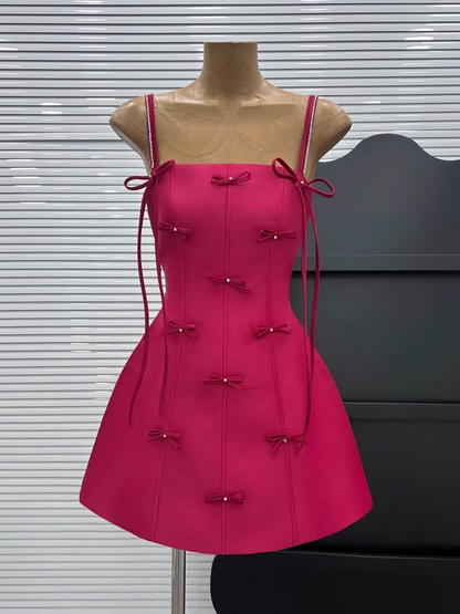 New Rose Pink Spaghetti Strap Bow Design A-line Party Dresses Homecoming Dresses, TP3845
