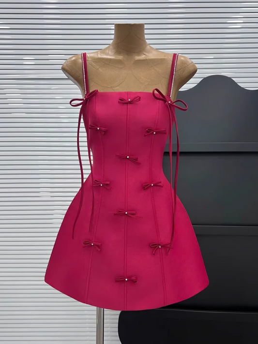 New Rose Pink Spaghetti Strap Bow Design A-line Party Dresses Homecoming Dresses, TP3845