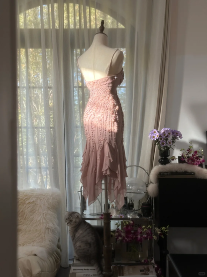 Retro Pink Sparkling Beaded Spaghetti Strap Romantic Chiffon Evening Dress Prom Dresses TP3985